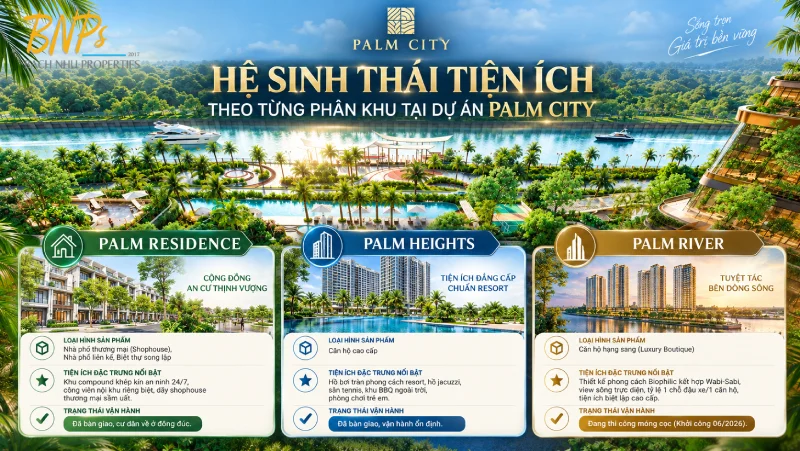 Tổng hợp hệ sinh thái tiện ích theo từng phân khu tại dự án Palm City - Bách Như Properties - BNPs